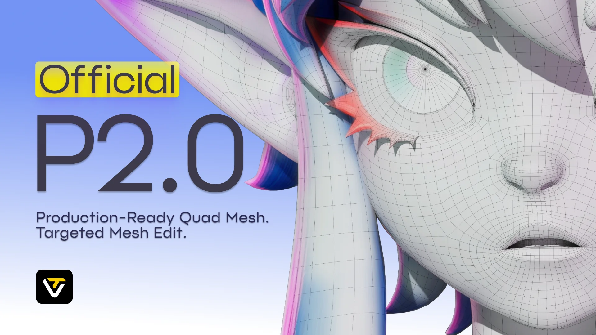 TripoのSmart Mesh P2.0公式紹介画像。ポリゴンの網目が表示されたキャラクターの顔と、四角形メッシュの生成・部分編集を示す文字